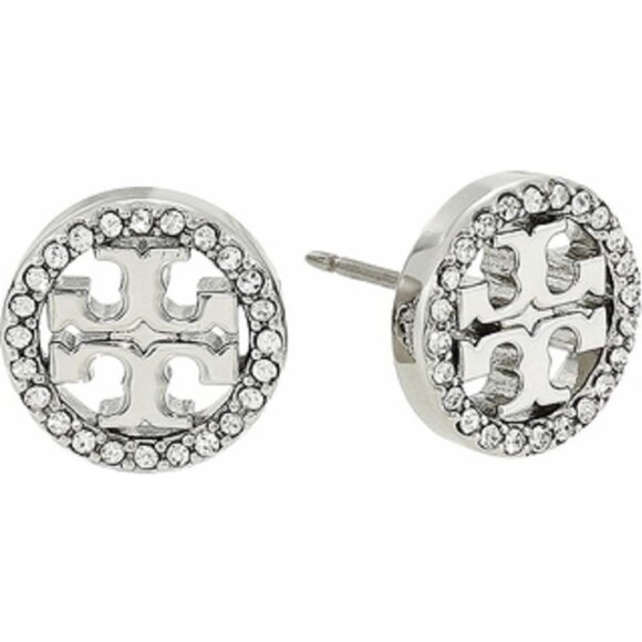 Tory Burch Silver Stud Crystal Circle Logo Earrings - Picture 1 of 6